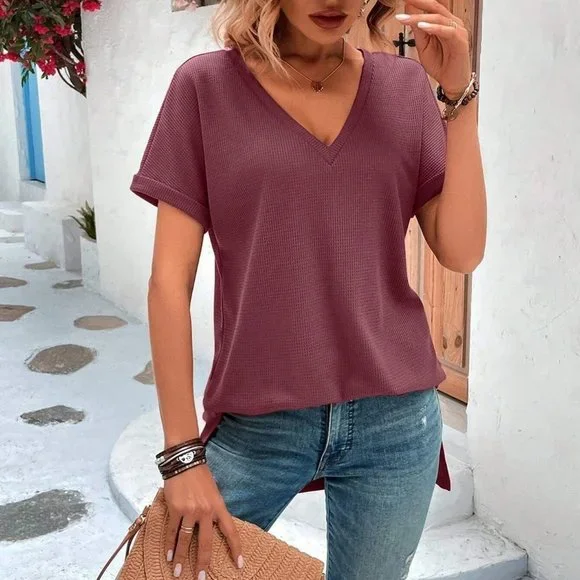 Redwood Casual Womens Waffle Knit Split Hem Dolman Sleeve Tee - Picture 4 of 4